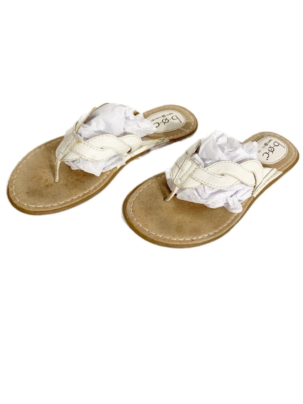 b.o.c. Born Concept Leather Thong Braided Strap Flat Sandals White Tan Flip Flop